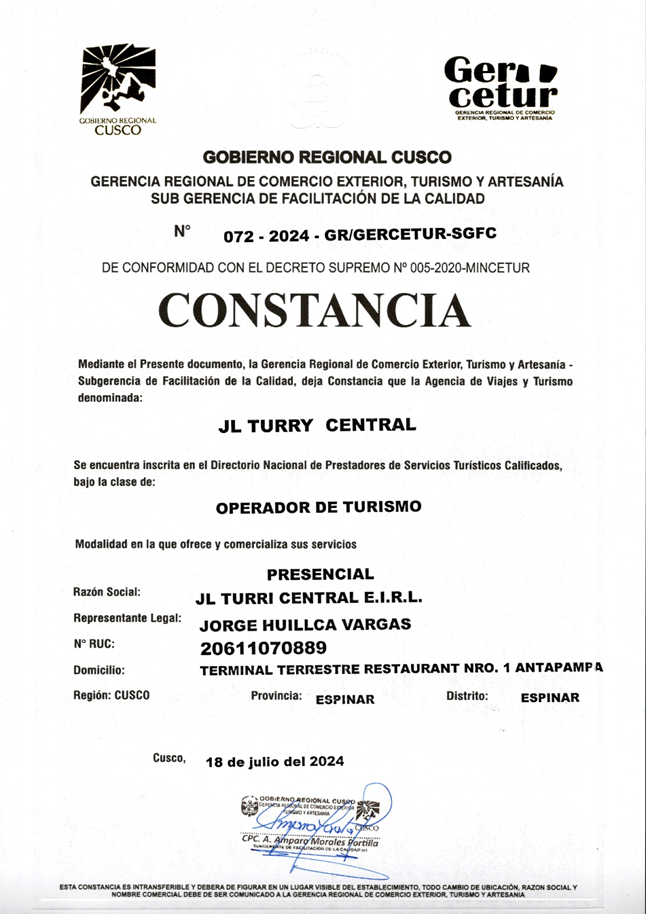 Certificado de Operación JL Turry Central